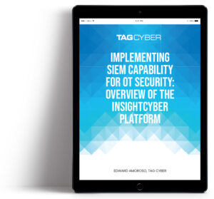 A tablet showing the cover of the InsightCyber document "mplementing SIEM Capability for OT Security"